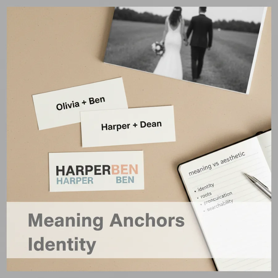 Overlapping name cards showing highlighted root syllables and a blended couple name illustrating emotional meaning versus aesthetic appeal