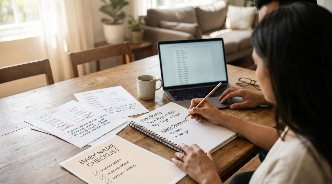 Parents blending their names in a notebook to create a baby name using syllable merging and pronunciation checks