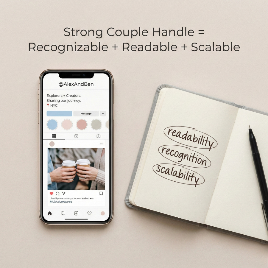 Instagram profile mockup showing a blended couple handle with notes highlighting readability, recognition, and scalability principles