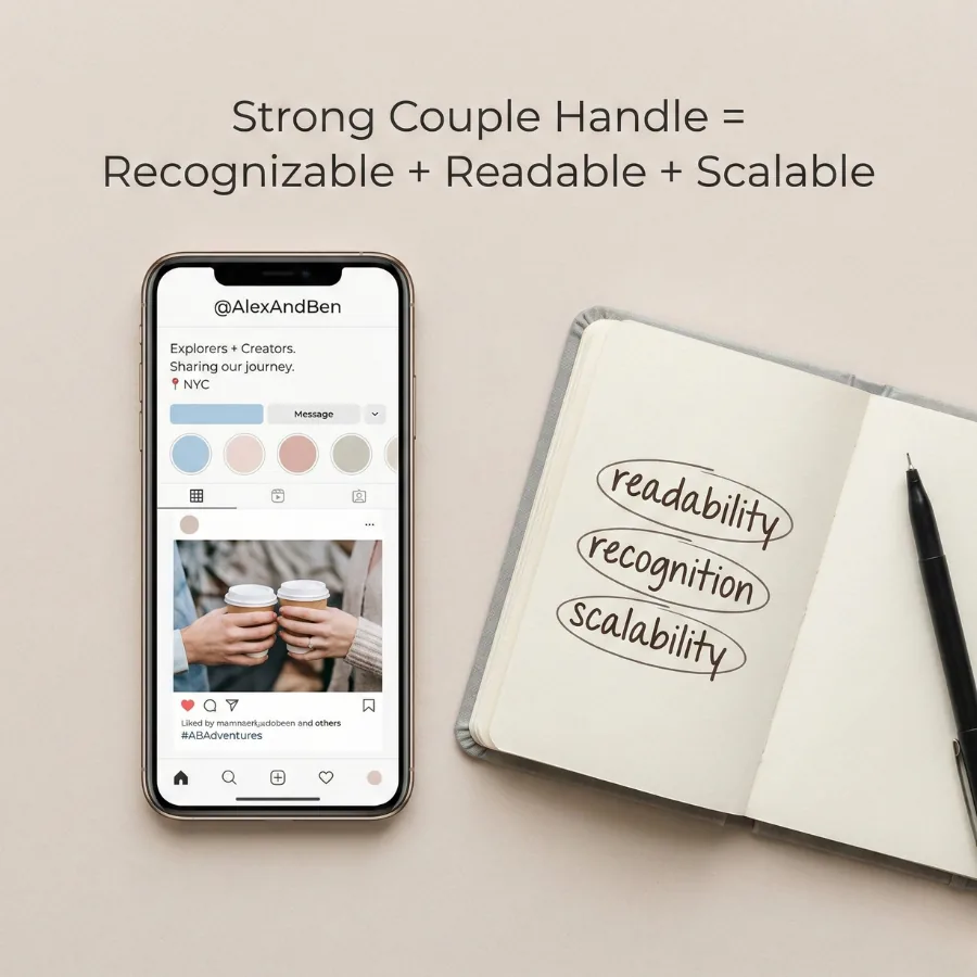 Instagram profile mockup showing a blended couple handle with notes highlighting readability, recognition, and scalability principles