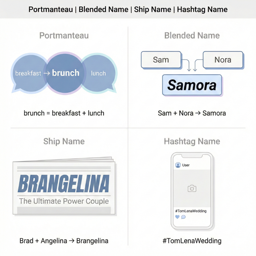 Infographic explaining portmanteau, blended name, ship name, and hashtag name with visual examples of combined names