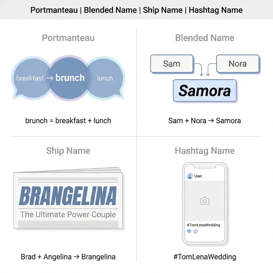 Infographic explaining portmanteau, blended name, ship name, and hashtag name with visual examples of combined names