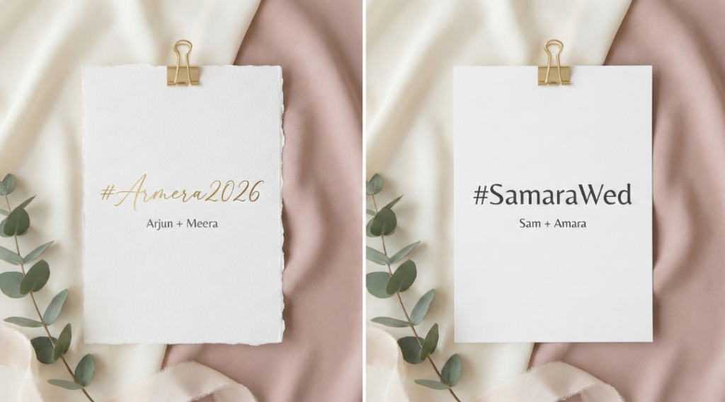 Two example wedding hashtags displayed side by side, one in elegant script and one in clean sans serif, paired with couple names.