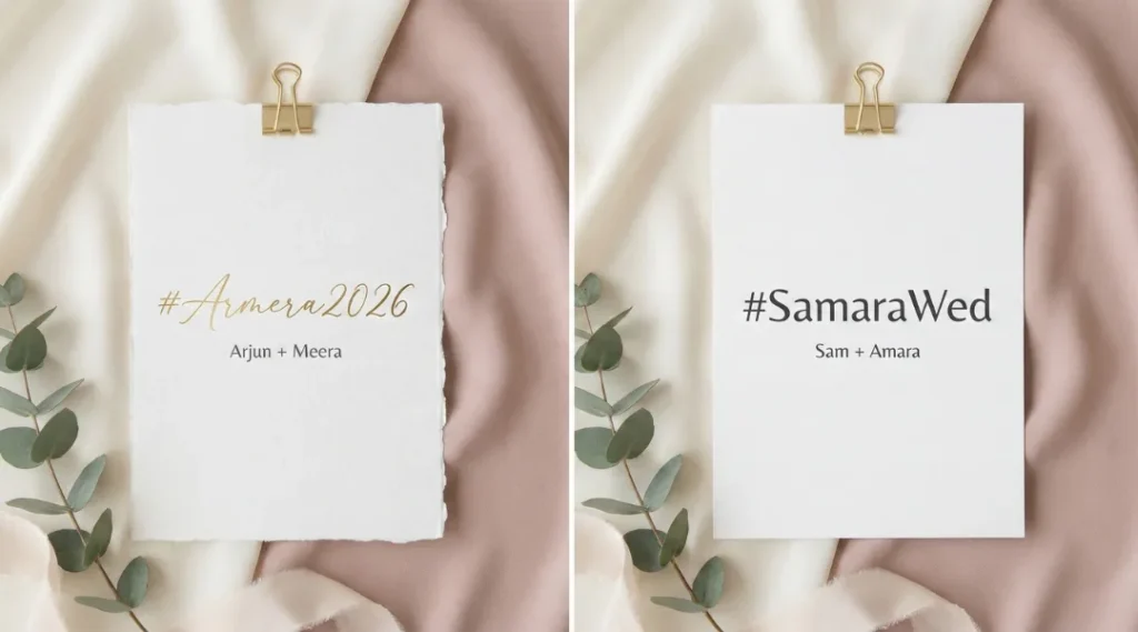 Two example wedding hashtags displayed side by side, one in elegant script and one in clean sans serif, paired with couple names.